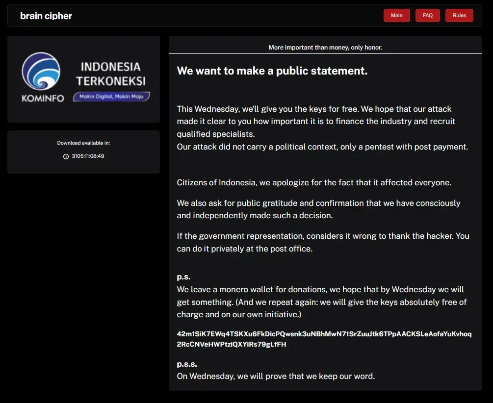 Kelompok Hacker Brain Cipher Bakal Rilis Kunci Enkripsi PDNS 2 Secara Gratis