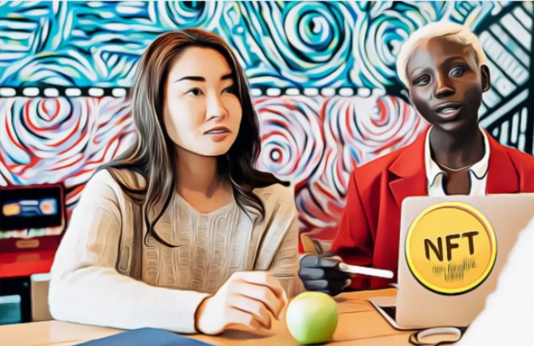Ilustrasi perempuan dan NFT.