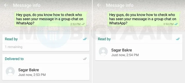 Ketika pesan sudah terkirim namun belum terbaca (kiri) dan ketika sudah terkirim dan terbaca (kanan). Kredit: Mobigyaan