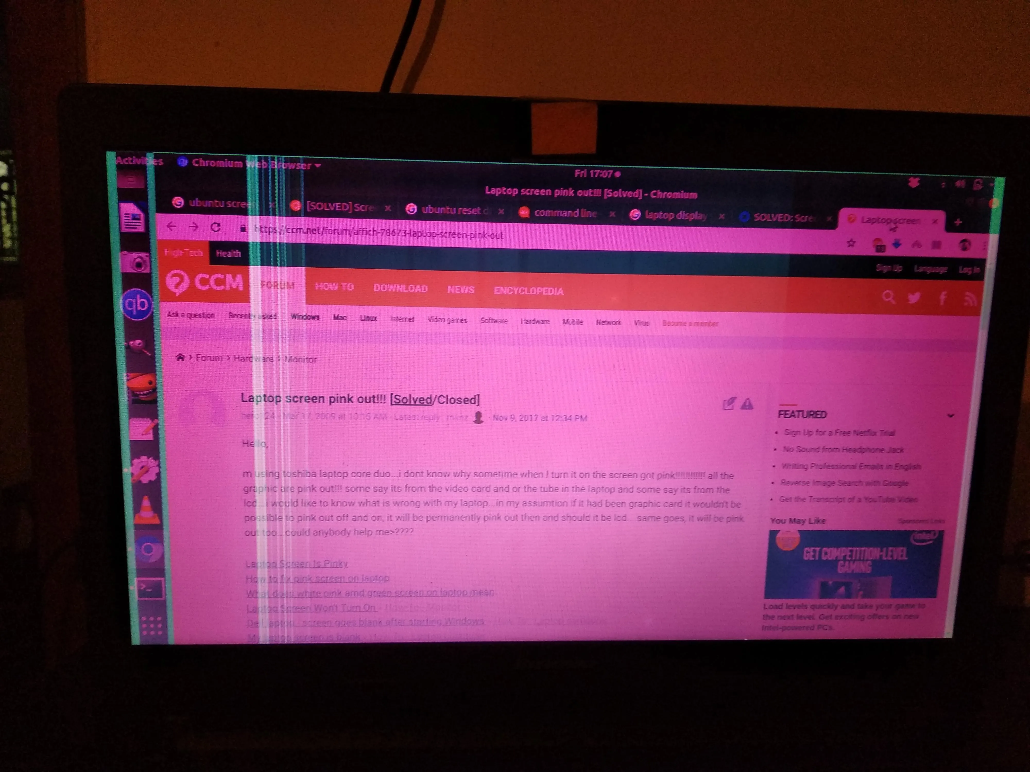 My laptop screen went pink. Can anyone help? Using ubuntu 18.04 : computers